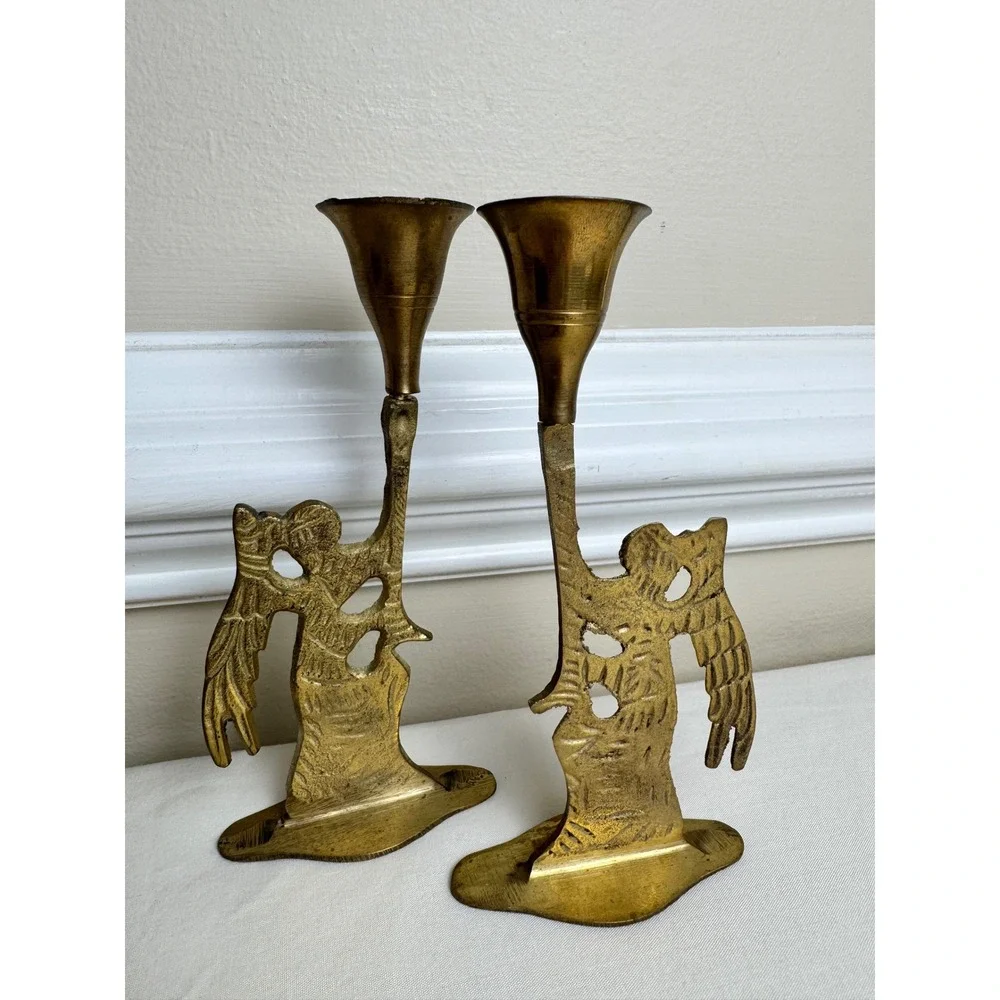 Vintage Brass‎ Angel Candle Holders Set of 2 Trumpet Heralding Angel Brutalist